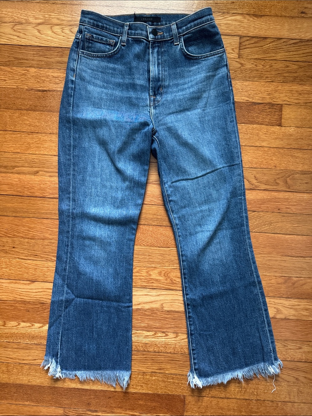 J Brand Medium Blue Flare Jeans with Raw Hem